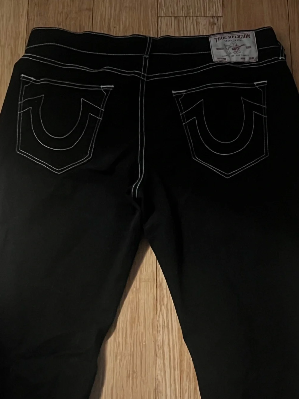True Religion Black Slim Straight Jeans with White Contrast Stitching